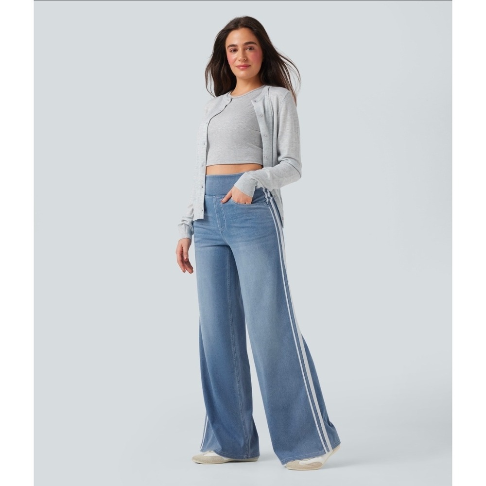 Halara Flex High Waisted Stripe Wide Leg Flowy Jeans Size Large - Picture 3 of 4